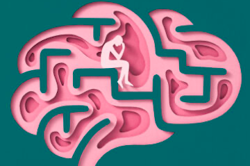 een doolhof in de vorm van hersenen met in het midden een zittende figuur