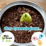 Kiem van plantje iets verder boven de grond met tekst: ons tweede jaar